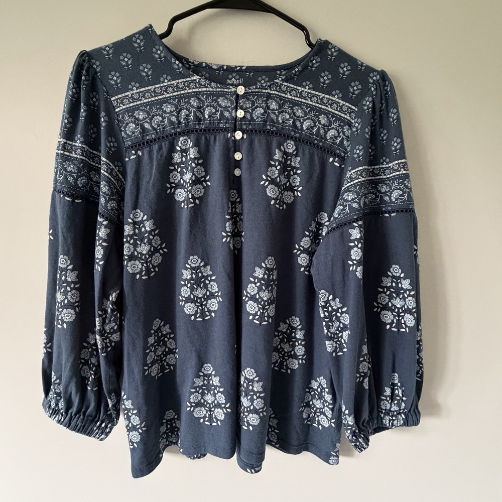 Pure Jill by J. Jill Border Printer Yoke Top Blue Organic Cotton MP Boho Casual